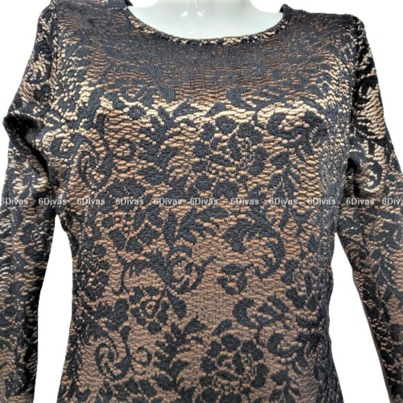 Bronze Gold Long Sleeve Black Dress With Lace Overlay  - Size M, Size L - Picture 4 of 13